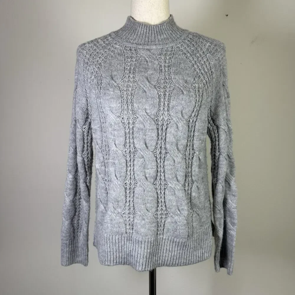J Crew Crew Neck‎ Cable Knit Sweater Women's XXS Grey Acrylic/Alpaca Blend Grey